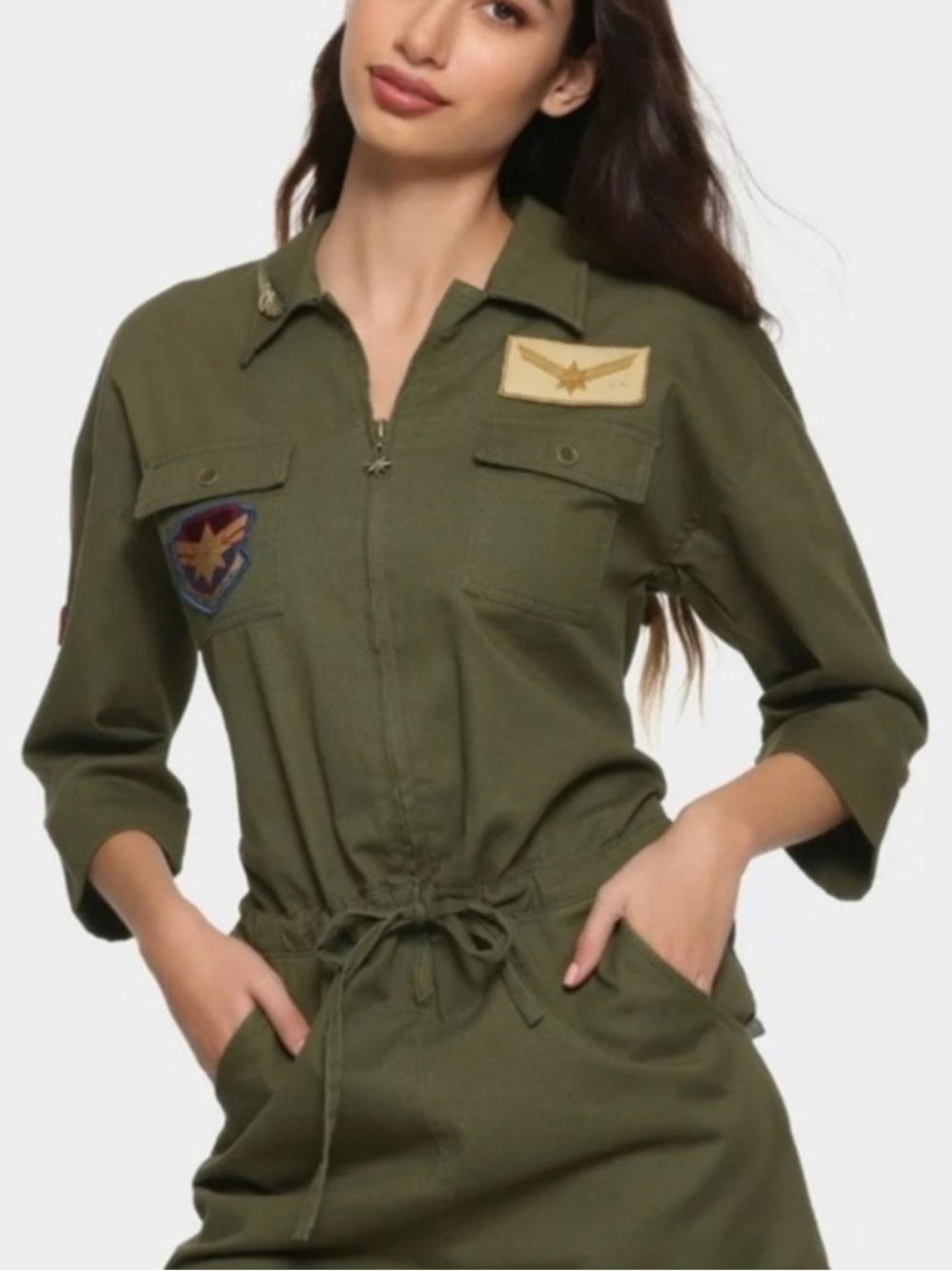 Marvel | Women’s Olive Green Her Universe Utility Zip/Tie Front Romper Shorts SM